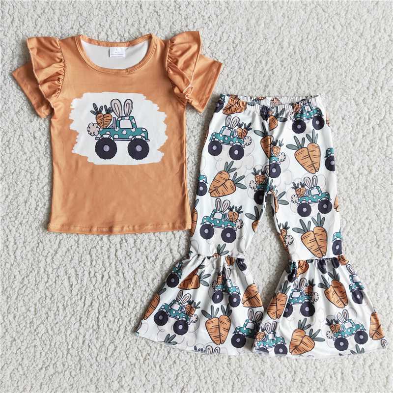 SALES NEW Baby Girls Carrot Easter Tractor Short Sleeve Bell Set Outfit Spring Festive Clothing Set for Infants