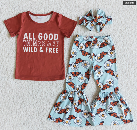 RTS NO MOQ ETA 5/7days E7-28 GOOD Letter Print Short-Sleeve Butterfly Flared Pants