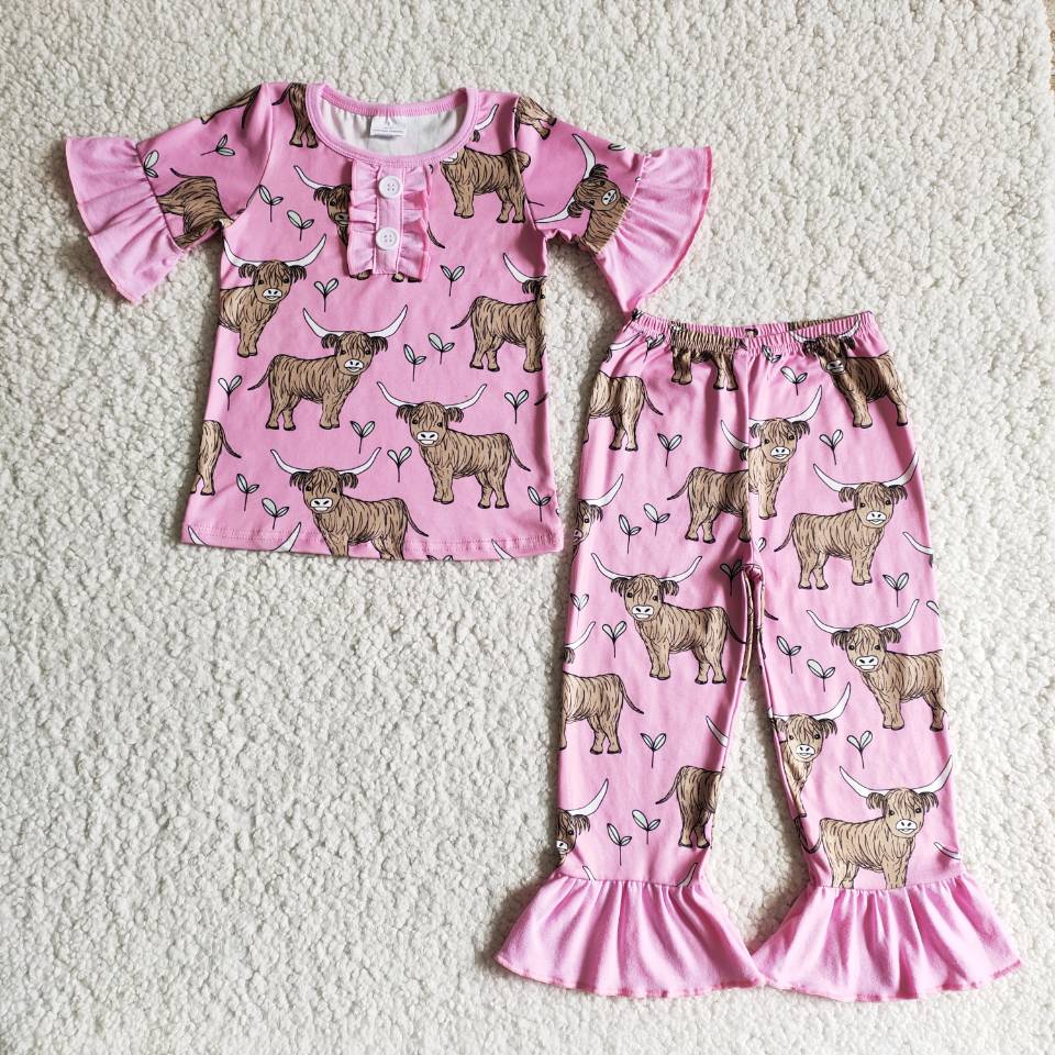 SALES NEW Baby Girls Western Short Sleeve Pink Cow-Head Pajamas Sets Cute Pants Outfit for Little Ones