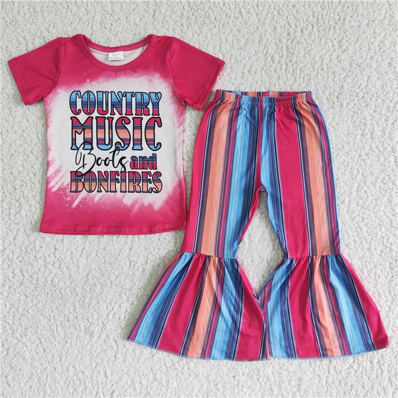 SALES NEW Baby Girls Rose Pink Short Sleeve Top And Colorful Stripes Bell Pants Clothing Set Infant Outfit for Girls
