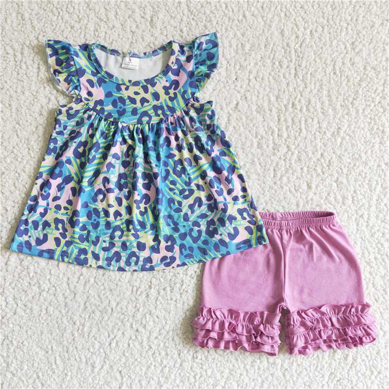 SALES  NEW Baby girls summer purple leopard tunic ruffle shorts sets