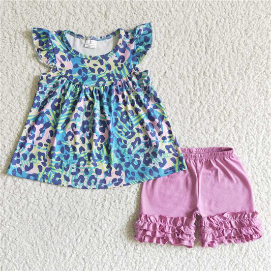 SALES  NEW Baby girls summer purple leopard tunic ruffle shorts sets