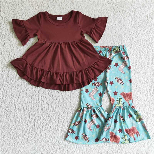 SALES NEW Baby Girls Western Burgundy Hi-Low Tunic Bell Pants Clothing Set Cute Toddler Outfit Combo