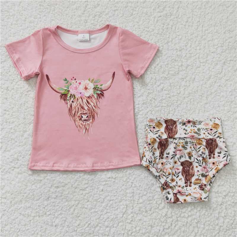 SALES  NEW  Sibling Baby Girls Western Highland Cow Pink Sister Clothes Sets