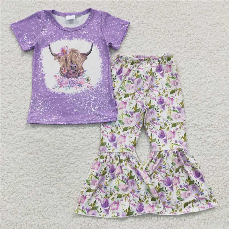 SALES NEW Baby Girls Purple Cow Flower Bell Pants Outfit Set Cute Print Clothing Set for Infants
