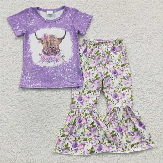SALES NEW Baby Girls Purple Cow Flower Bell Pants Outfit Set Cute Print Clothing Set for Infants