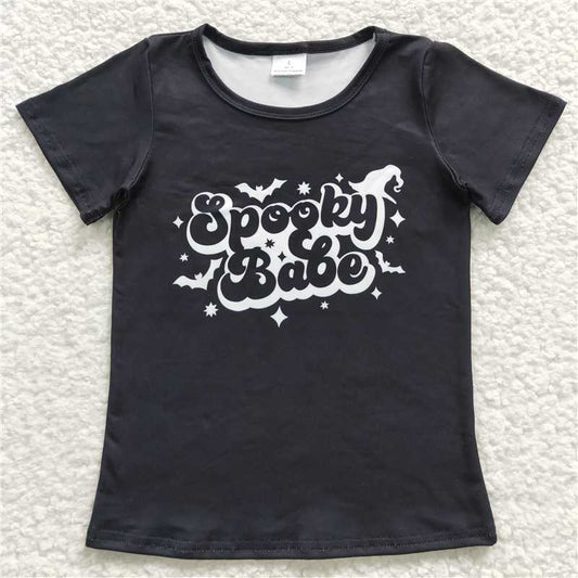 SALES NEW Baby Girls Spooky Babe Short Sleeve Black Shirt Tops Cute And Fashionable Infant Clothing