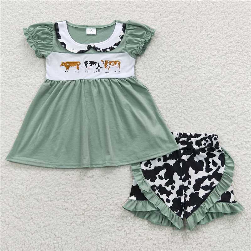 RTS	 Embroidered Cow Green Short Sleeve Cow Pattern Shorts