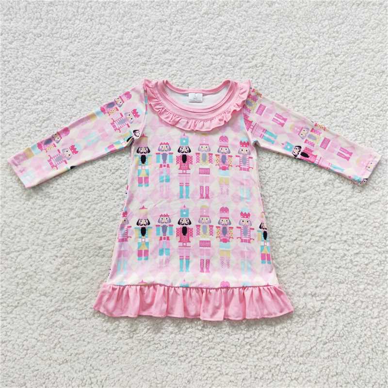 RTS NO MOQ Pink Marionette Guard Pattern Ruffled Edge Decorated Long Sleeve Suit & Long Sleeve Dress & Crawling Suit
