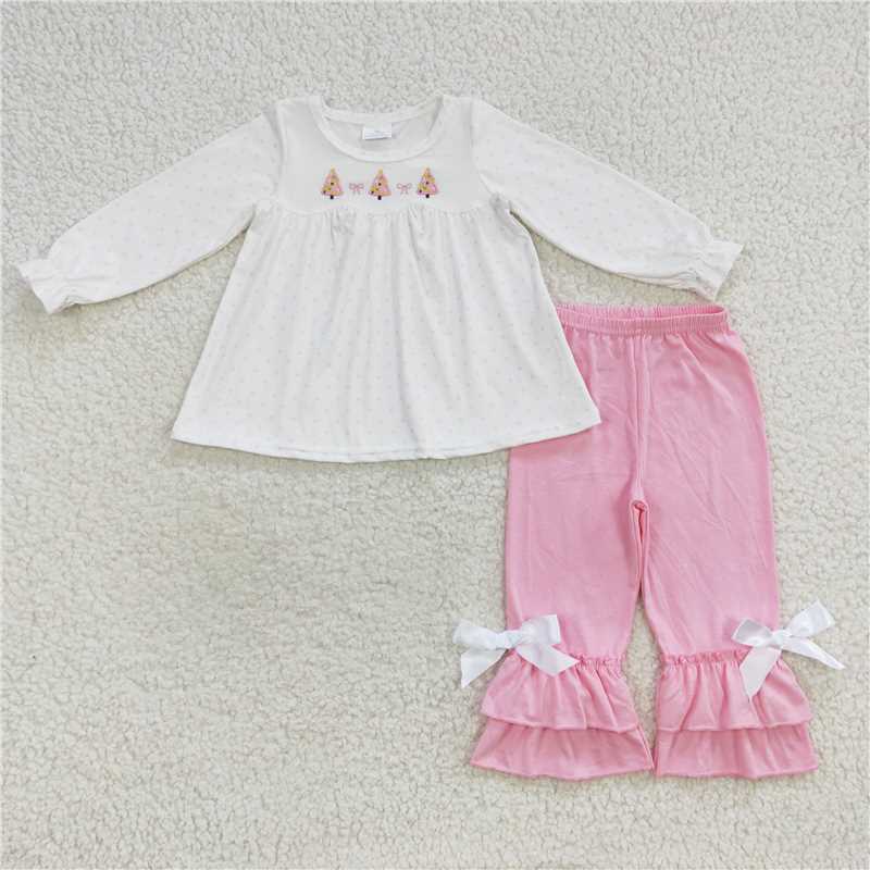 RTS NO MOQ Baby Girls Embroidery Christmas tree embroidery Christmas Tree Idea Long Sleeve Pants Set