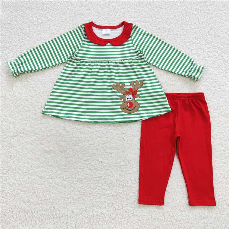 RTS Embroidered elk green striped Christmas long-sleeved red trousers christmes Embroidered