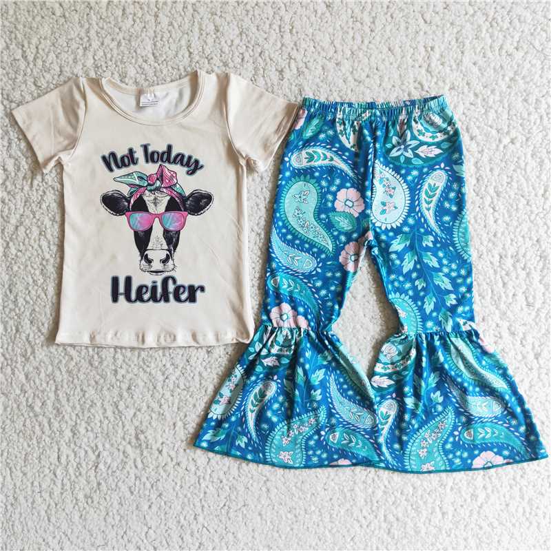 SALES NEW Baby Girls Bull Head Print Short-Sleeve Outfit with Floral Bell Bottom Pants Set Cute And Fashionable Baby Clothing
