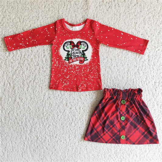 6 A1-20 Baby Girls Red Print Long Sleeve Top Red Green Plaid Skirt Set