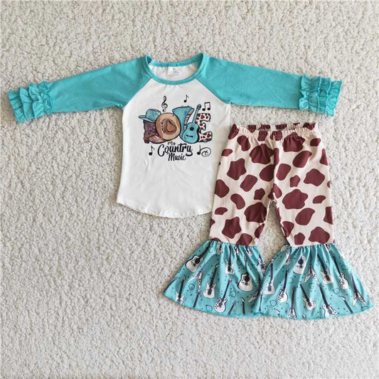 6 A11-14 Baby Girls Letter Print Long Sleeve Top Elastic High Waist Bell Bottom Pants Set