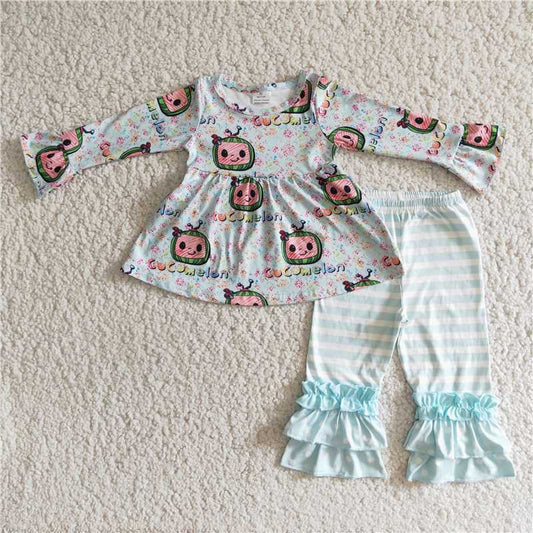 6 B3-20 Kids Girls Light Blue Print Long Sleeve Top Elastic High Waist Stripe Pant Set