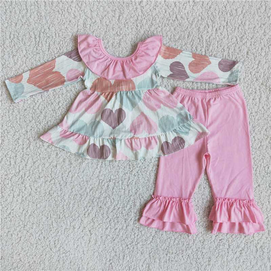 SALES  NEW  Valentines Day Pink Bow Ruffle Pants Set for Kids Girls Valentine's Outfit Set with Bow Tie Capri Pants