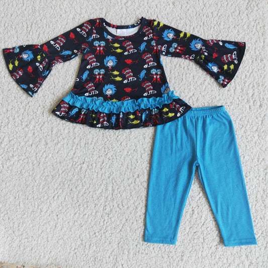 6 A10-16 Girls Print Long Sleeve Top Leggings Clothes Set