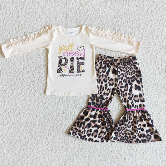 6 A23-20 Baby Girls Letter Print Long Sleeve Top Leopard  Elastic High Waist Bell Bottom Pants Set