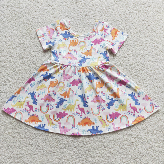 SALES  NEW Baby Girl Dinosaur Rainbow Knee-Length Dress Cute Children's Clothing Vintage Style Kids