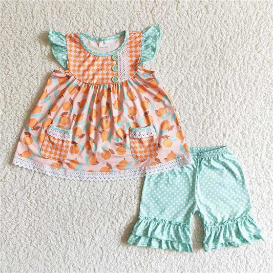 SALES  NEW Baby girls peach flutter sleeve tunic pocket shorts outfits clothing sets