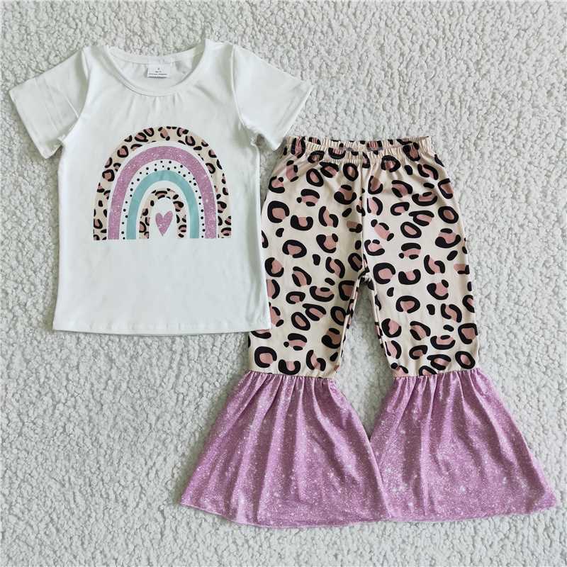 SALES NEW Baby Girls Rainbow Leopard Bell Pants Clothing Set Infant Outfit Set with Bell Bottoms for Girls