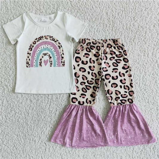 SALES NEW Baby Girls Rainbow Leopard Bell Pants Clothing Set Infant Outfit Set with Bell Bottoms for Girls