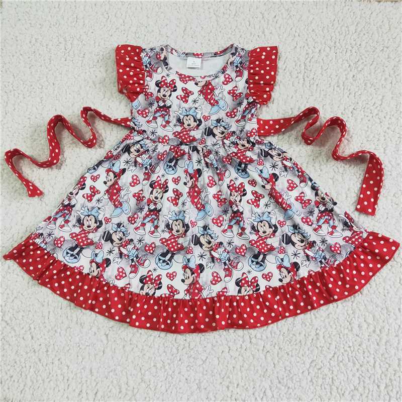 SALES NEW Baby Girls Summer Knee-Length Dress Red White Polka Dot Lace-Up Belted Summerwear for Little Girls
