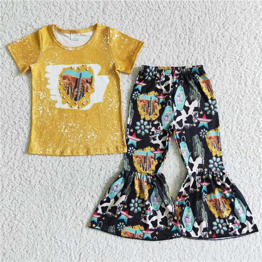 SALES NEW Baby Girls Western Cactus Print Yellow Top Bell Pants Clothing Set Kids' Outfit Casual Comfortable Polyester Set for Girls