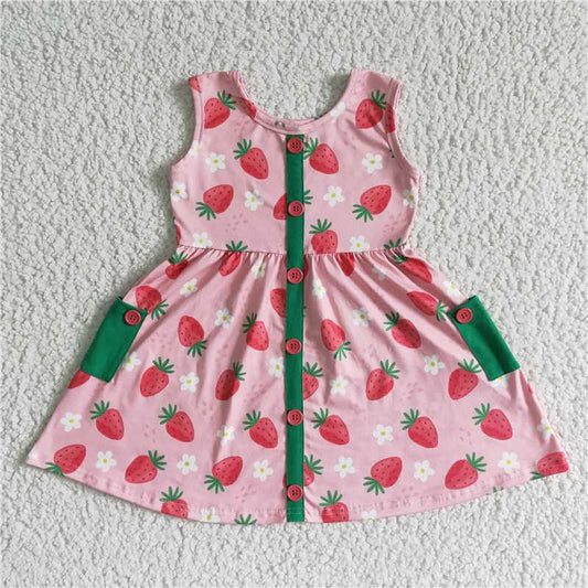 SALES NEW Baby Girls Summer Strawberry Print Sleeveless Dress with Pocket Cute Children's Clothing for Girls
