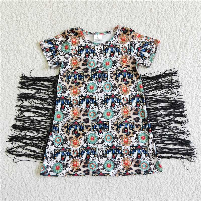 SALES NEW Baby Girls Western Tassel Dresses Cute Toddler Girls Clothing Floral Print Cotton Cow Print and Blue Sapphire Dress with for Kids
