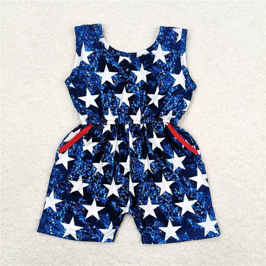 SALES NEW Baby Girls Blue Star Jumpsuit 4th of July Independence Day Outfit Infant Romper with American Flag Detail