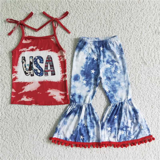 SALES NEW Baby Girls Red 4th of July Camisole And Star Pants Bell Set Cute Patriotic Outfit for Baby Girls