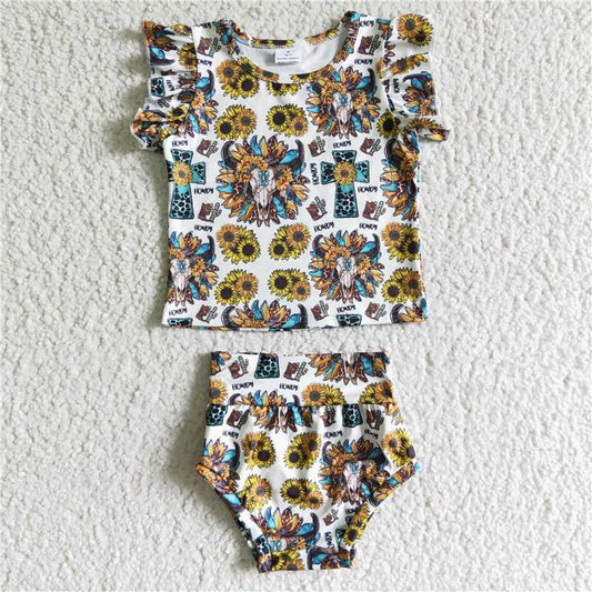 SALES  NEW  Baby girls western sunflower cow skull bummie sets