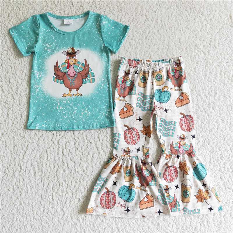 SALES NEW Baby Girls Thanksgiving Outfit Blue Top with Turkey Print Bell Bottom Pants Matching