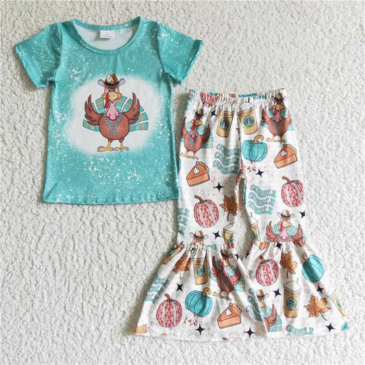 SALES NEW Baby Girls Thanksgiving Outfit Blue Top with Turkey Print Bell Bottom Pants Matching