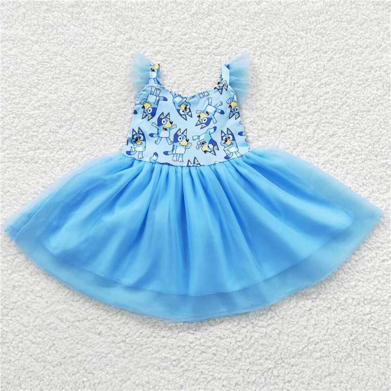 RTS NO MOQ Baby Girl Clothes Short-sleeved dress blue and orange color dress