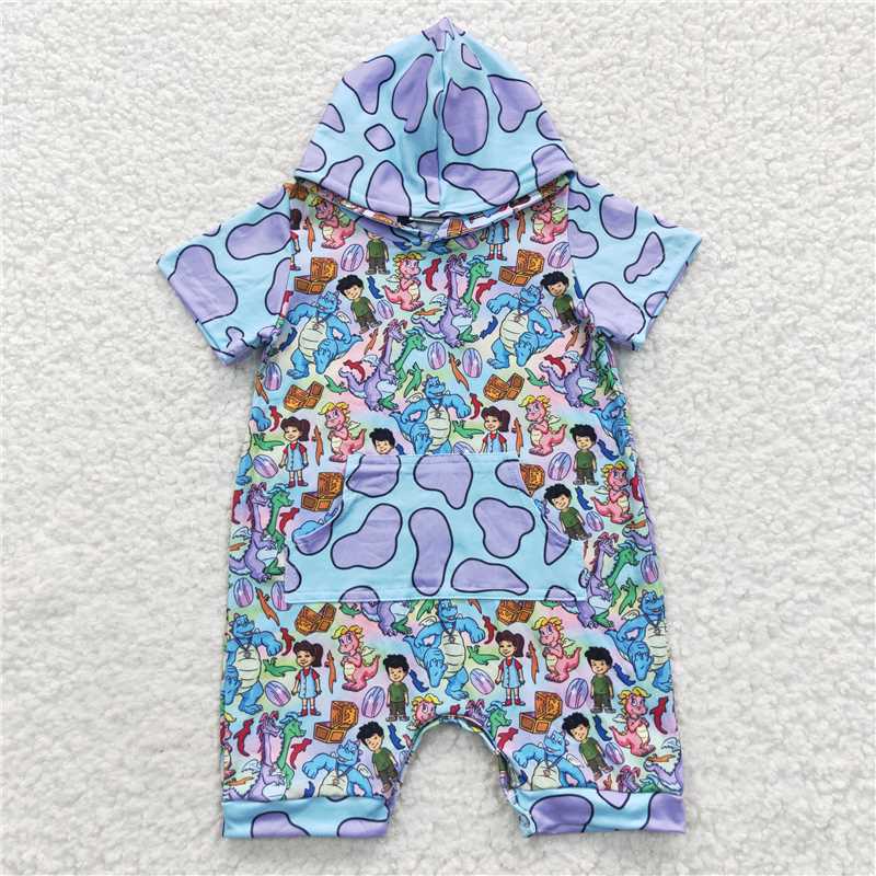 RTS NO MOQ SR0405 Blue hooded short-sleeved bodysuit