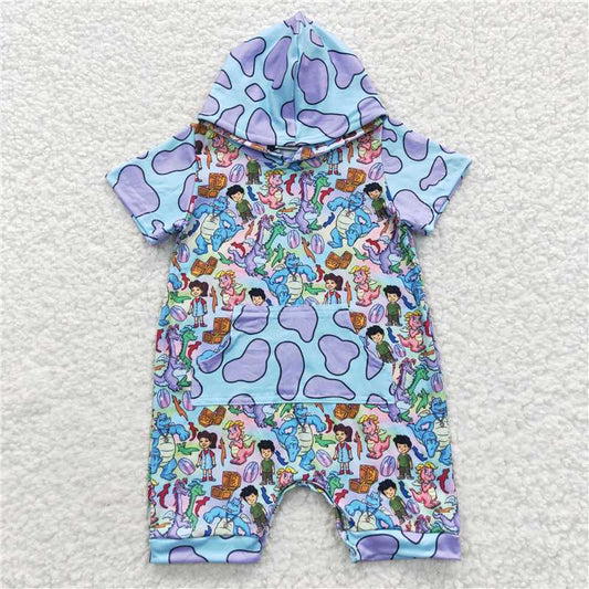 RTS NO MOQ SR0405 Blue hooded short-sleeved bodysuit
