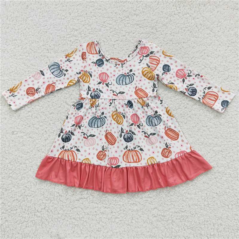 SALES NEW Baby Girls Pink Pumpkin Ruffle Knee-Length Dresses Infant Girls' Autumn Fashion Outfit Pink Pumpkin Print with Ruffles