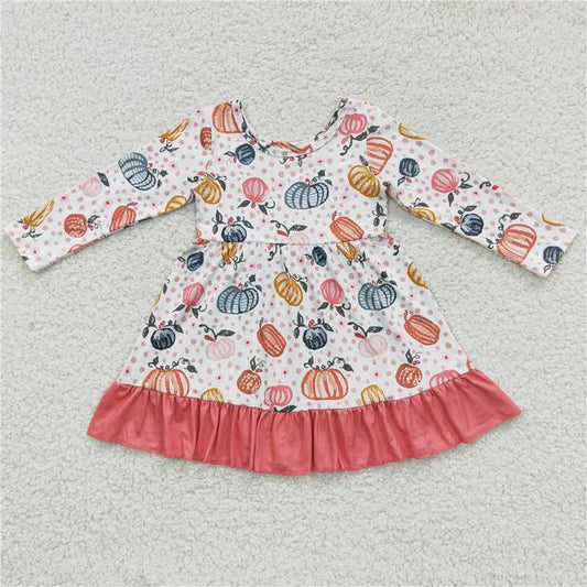 SALES NEW Baby Girls Pink Pumpkin Ruffle Knee-Length Dresses Infant Girls' Autumn Fashion Outfit Pink Pumpkin Print with Ruffles