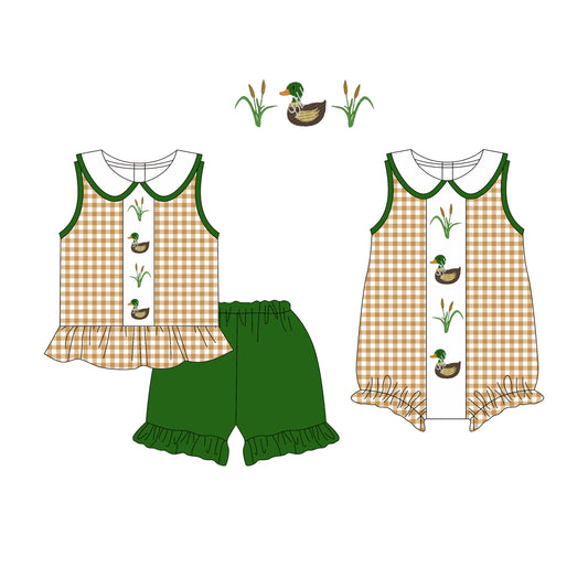 3.17 custom each style moq 5eta 4-6week Sibling Sister duck baby girl boy short sleeve shorts sets and romper match design