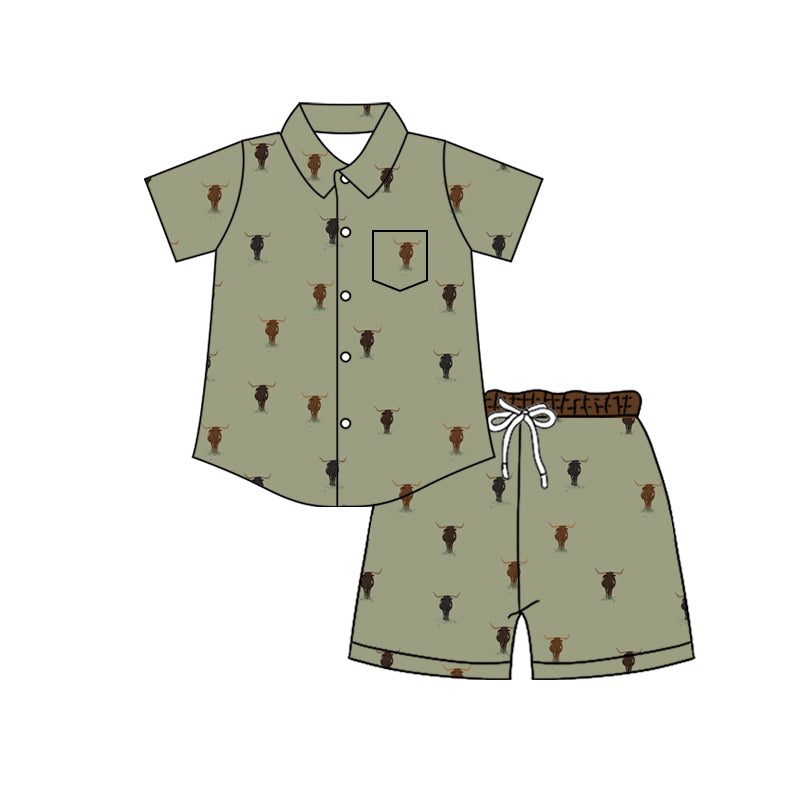 4.8 Custom moq 5 mix size Baby Boy Cow Print Short-Sleeved Button-Down Top with Pockets And Shorts Set
