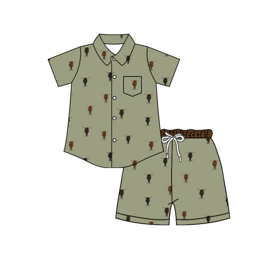 4.8 Custom moq 5 mix size Baby Boy Cow Print Short-Sleeved Button-Down Top with Pockets And Shorts Set
