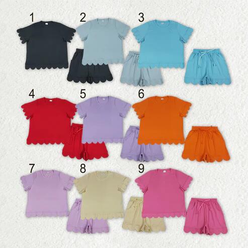 RTS NO MOQ Sibling Adult Women's Short Sleeve Shirt Top with Pockets Short Scallop Clothes Set