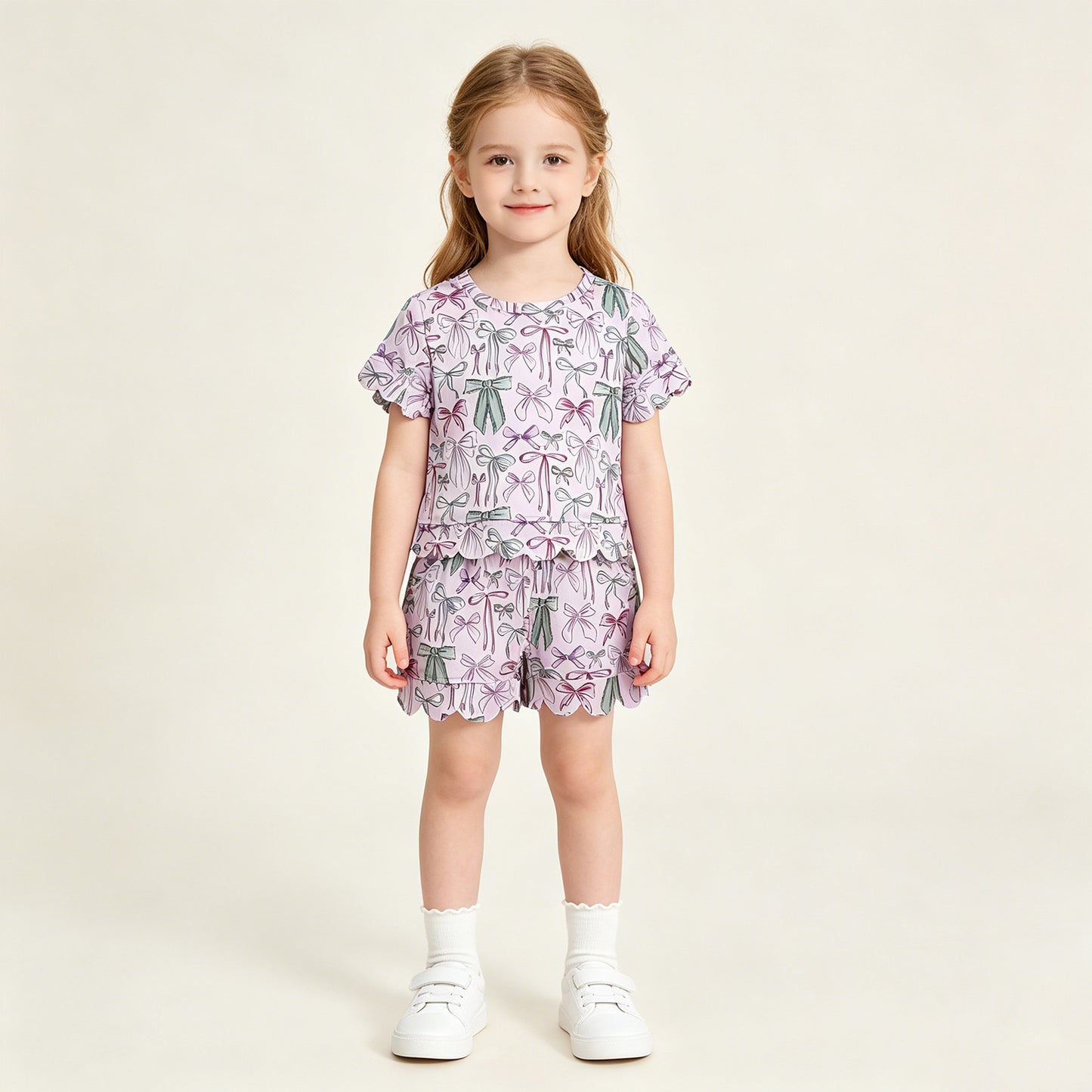 RTS NO MOQ milk silk GSSO3409 Baby Girls Pink Green Bow Short Sleeve Scallop Pocket Shorts Set