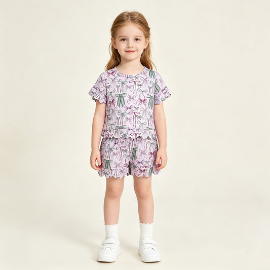 RTS NO MOQ milk silk GSSO3409 Baby Girls Pink Green Bow Short Sleeve Scallop Pocket Shorts Set