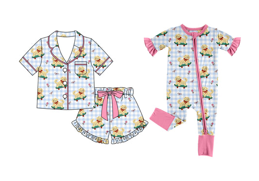 3.28 Custom moq 5 mix size Sibling Baby Girl Checked Short-Sleeved Pajamas And Shorts Set Romper for Baby Girls Comfortable Sleepwear