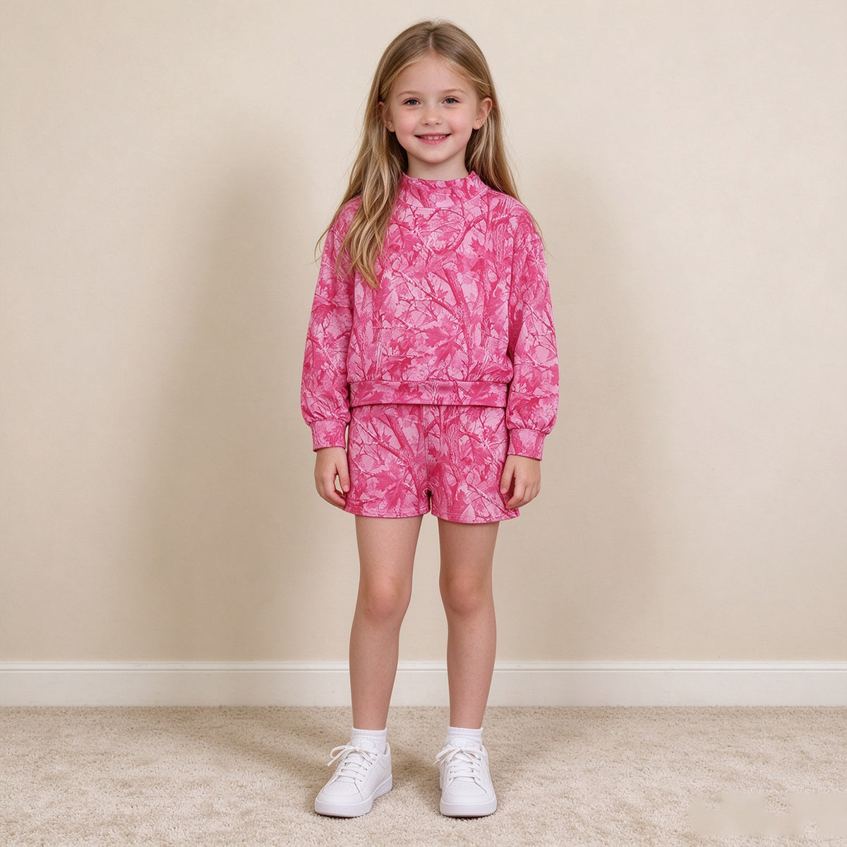 NEW RTS NO MOQ milk silk GLS0196（GT1823+SS0993）Baby Girls Pink Leaf Camo Print Crew Neck Long Sleeve Top With Pockets Casual Shorts Summer Daily Set