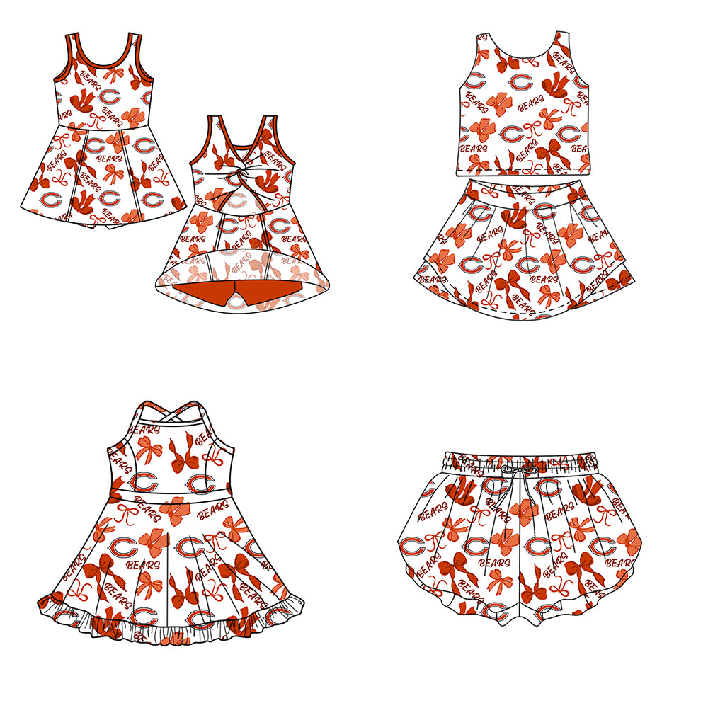 Custom moq 5 mix size milk silk summer teams Baby Girls Orange Bow Vest Top Skirt Shorts Sets Sleeveless Knee Length Dresses Yoga Shorts Yoga Active Outfit