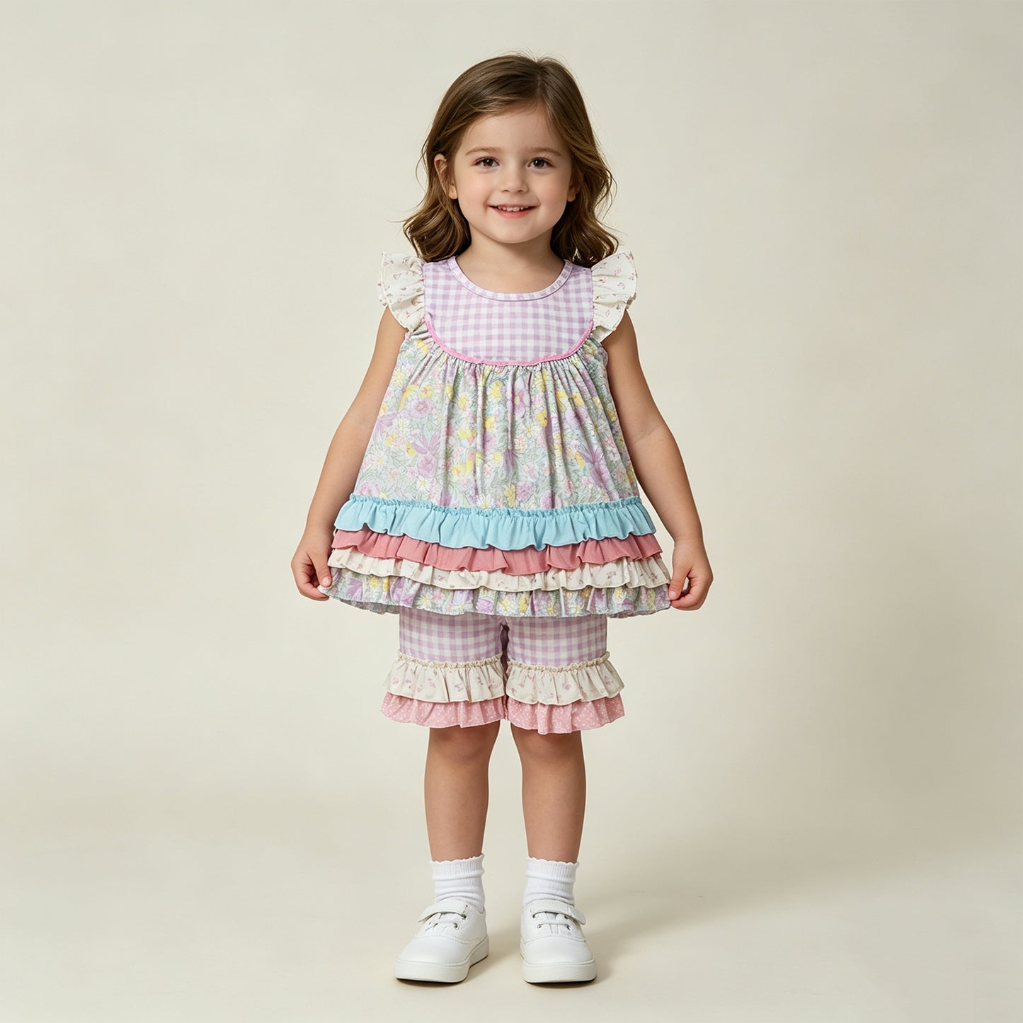 RTS NO MOQ milk silk GSSO3485 Baby Girls Colorful Floral Patchwork Tunic Ruffle Shorts Set